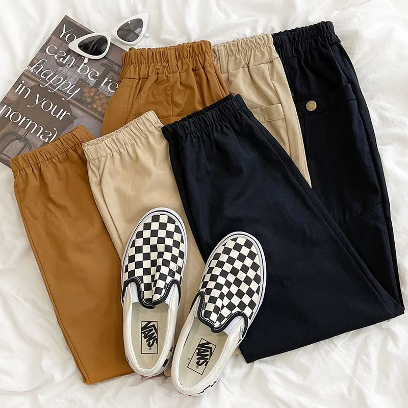 

Pocket Elastic High Waist Straight Cargo Ankle Pant Khaki Brown Black Thin Spring Summer Women Pants