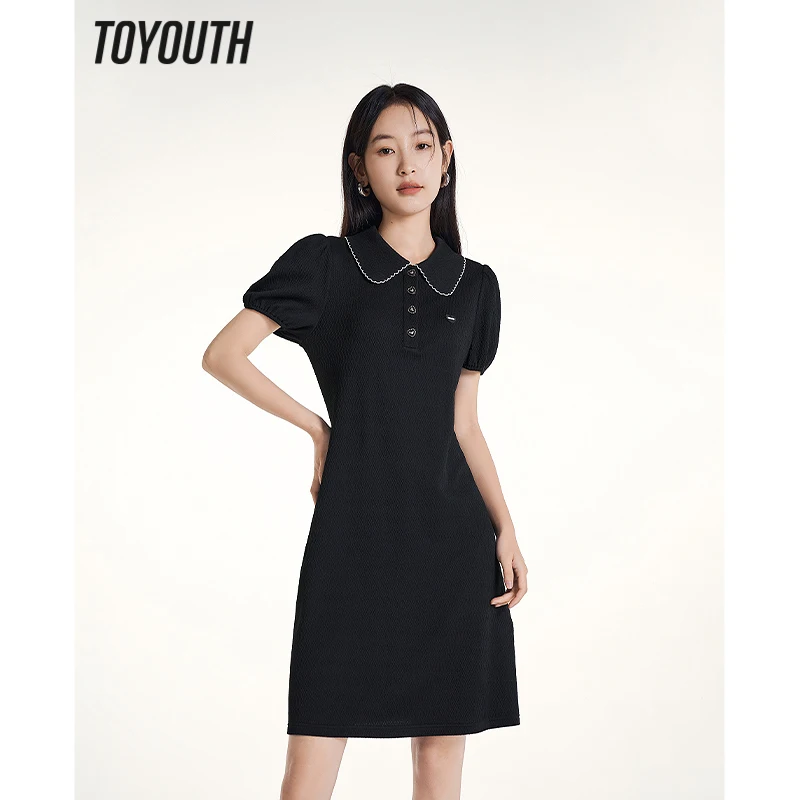 Toyouth Women Dress 2023 Summer Short Sleeves Polo Neck with Buttons A-shape Slim Contrast Color Elegant Mid-length Skirt