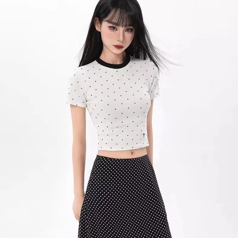 Футболки с принтом в горошек женские корейские модные облегающие укороченные