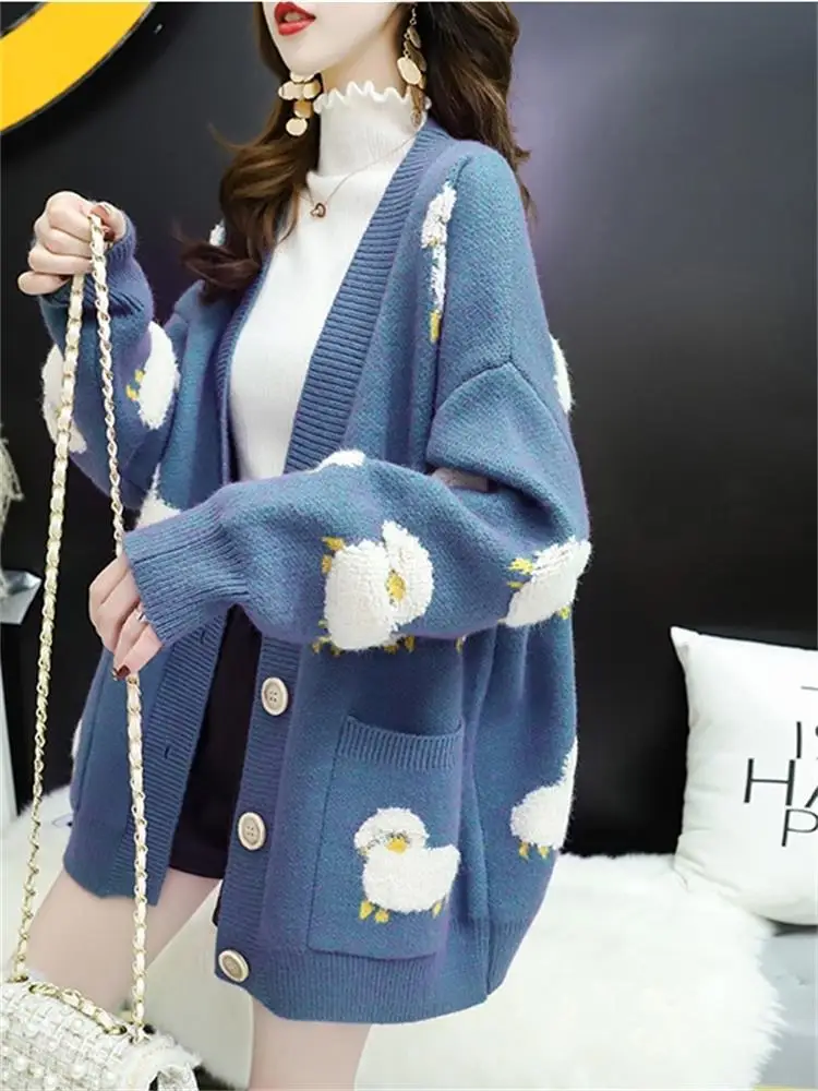 

2022 Women Sweater Cardigans Knitcoat V Neck Sheep Cardigans Sweaters Warm Knitwear Korean fashion Sueter Mujer Long Jacket