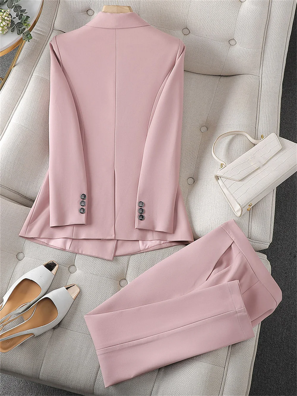 Fashion Ladies Pant Suit 2023 New Black Pink Khaki Blazer + Trouser Elegant Women Office Business Work Wear Formal 2 Piece Set