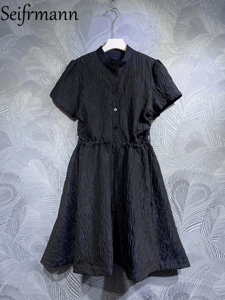 

Seifrmann High Quality Summer Women Fashion Runway Blue Dress Short Sleeve Lace Up Single Breasted Big Swing Party Midi Dresses