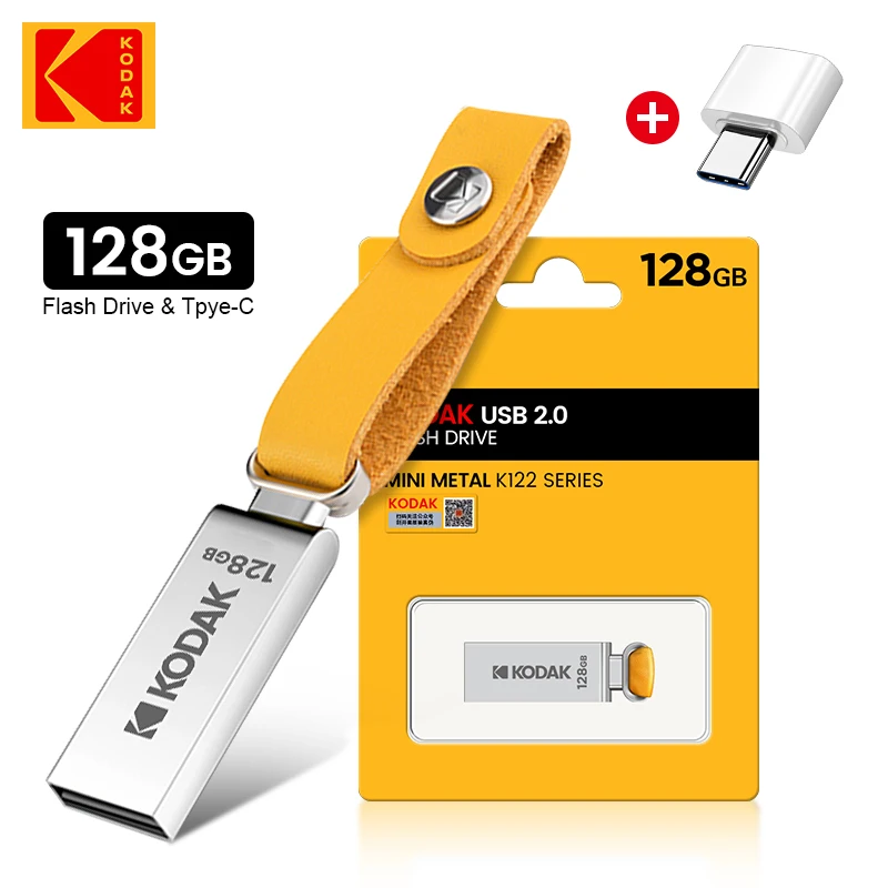 

KODAK USB 2.0 Flash Drive H2testw 32GB 64GB 128GB Pendrive Waterproof Memory Stick Leather Landyard Metal U Disk + Type-c Reader