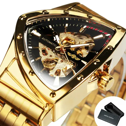 Часы-скелетоны WINNER Мужские механические, треугольные модные спортивные автоматические, с браслетом из нержавеющей стали