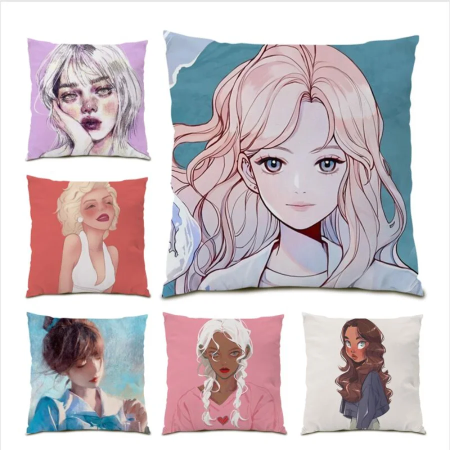 

Pillow Case Decoration Home Cartoon Cushion Cover 45x45 Square Living Room Person Avatar Polyester Linen Poster Gift E0521