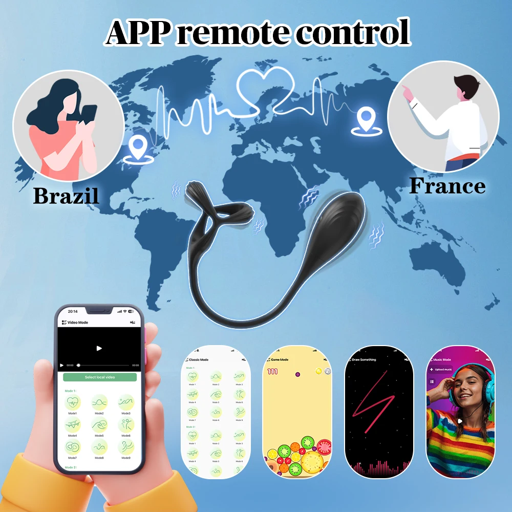 Фото APP Control Cock Ring Вибратор простаты Двойное кольцо Анальная пробка Вибрирующая задержка эякуляции Мужской мастурбатор Секс-игрушки для мужчин №4