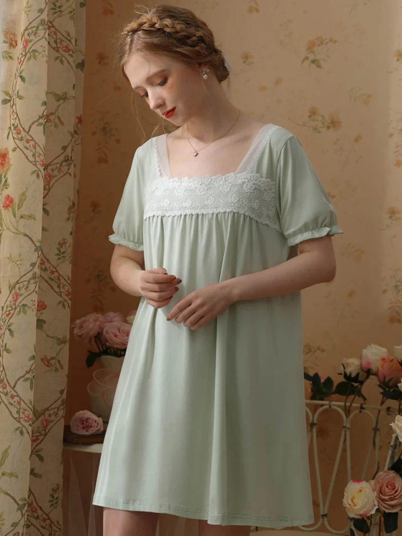 Women Summer Cotton Victorian Fairy Nightgowns Short Sleeve Ruffles Nightdress Vintage Princess Pajamas Sweet Loose Sleepwear