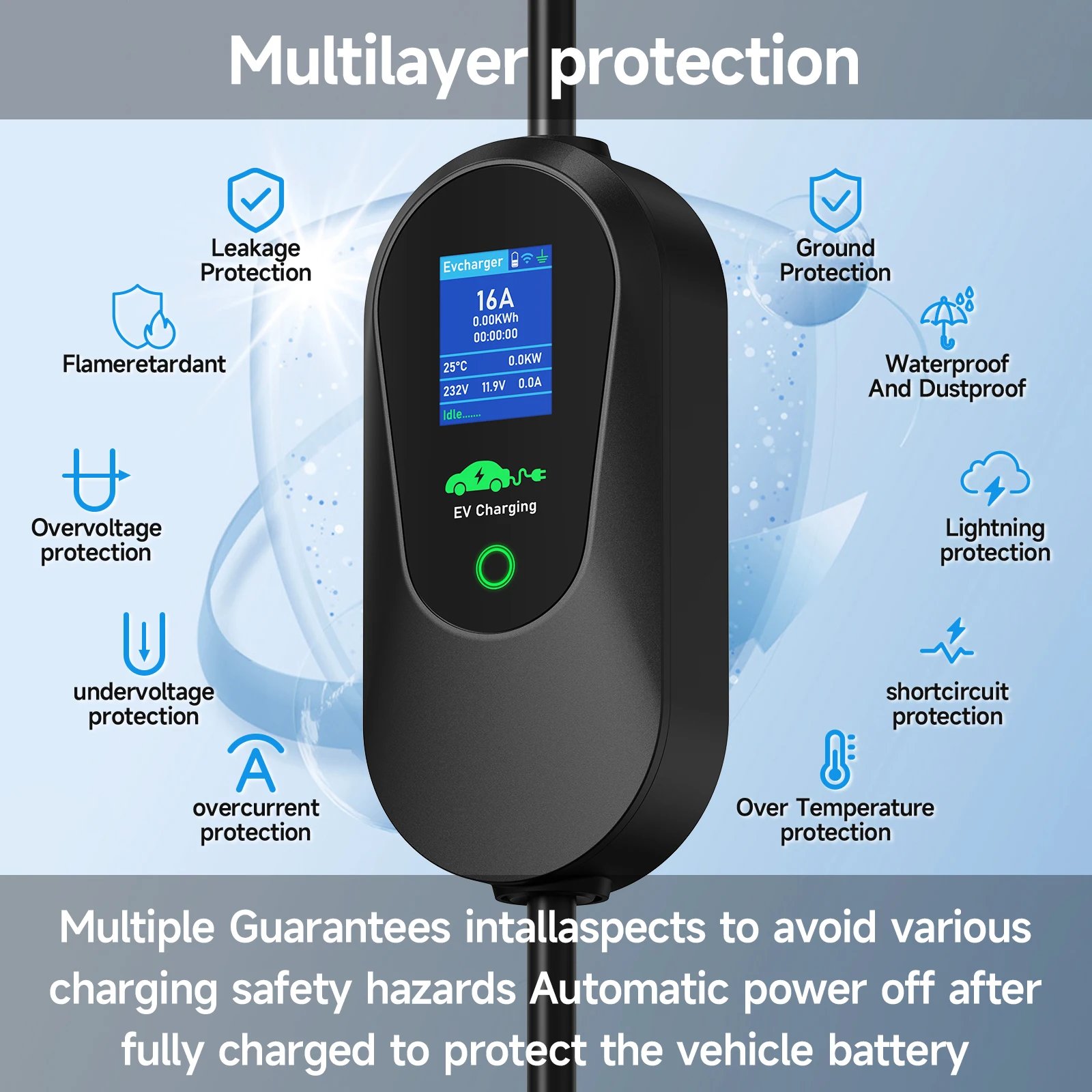 Фото AFYEEV 3600 Вт Портативное зарядное устройство для электромобилей Type 2 IEC62196-2 Type1 SAE J1772 Зарядное устройство для электромобилей с вилкой европейского стандарта, Wi-Fi, Bluetooth, управление через приложение №2