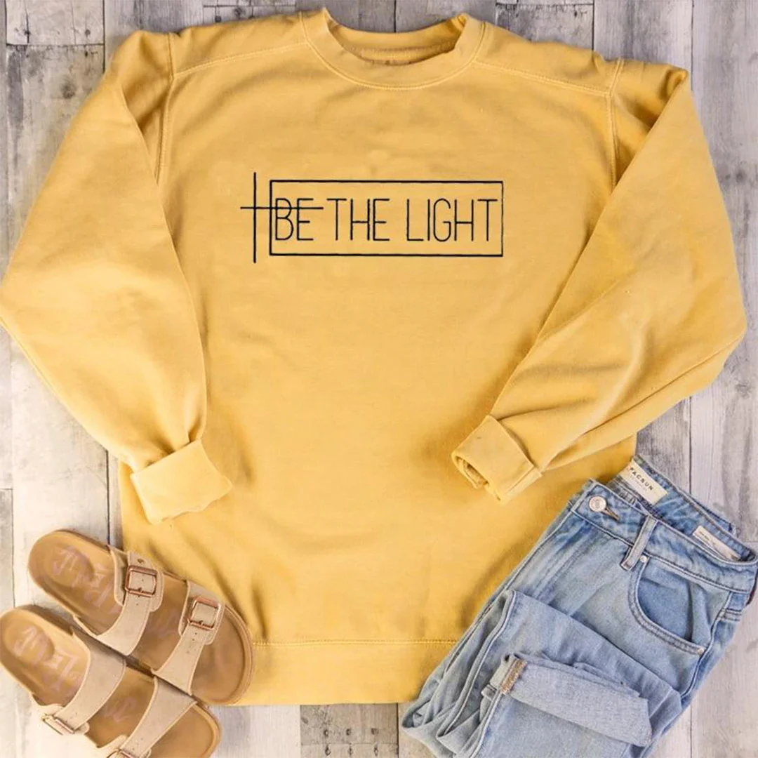 

Be The Light 100% Cotton Sweatshirt Casual Inspirational Quote Pullovers Scripture Women Long Sleeve Christian Sweatshirts