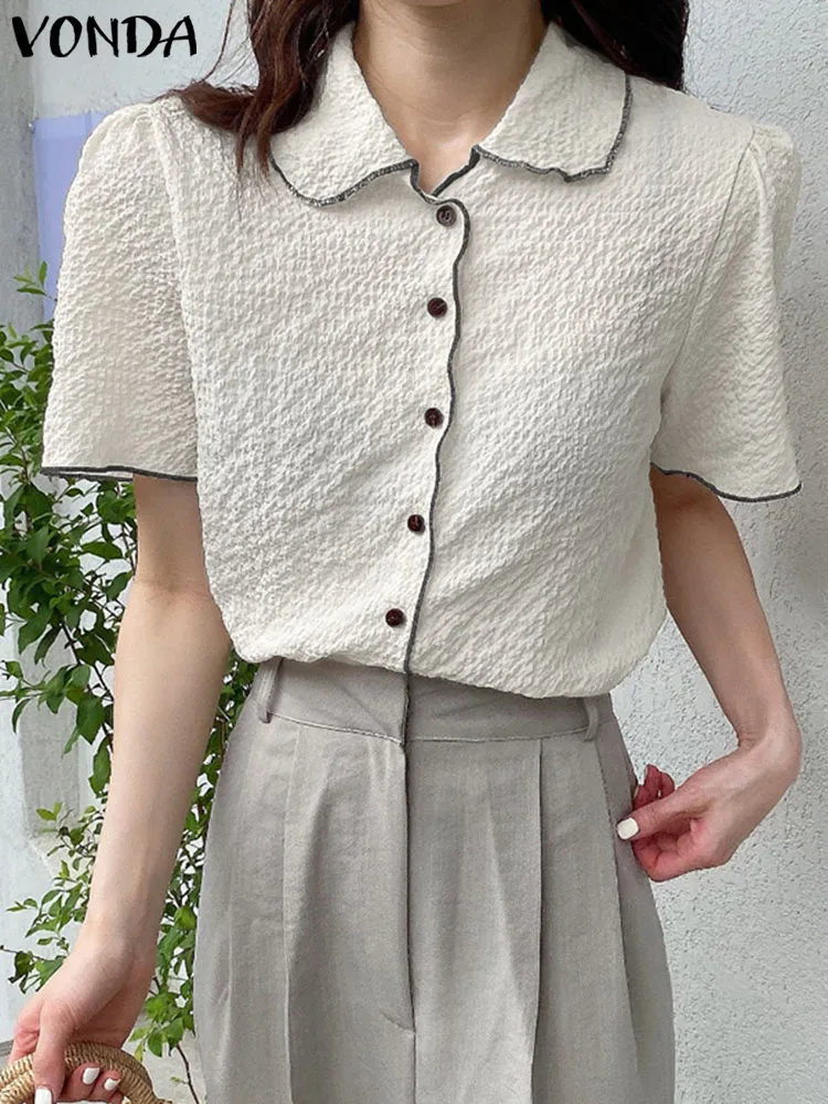 

Fashion Women Blouses VONDA 2023 Summer Shirts Short Puff Sleeve Solid Color Lapel Button Down Casual Loose Tunic Tops Blusas