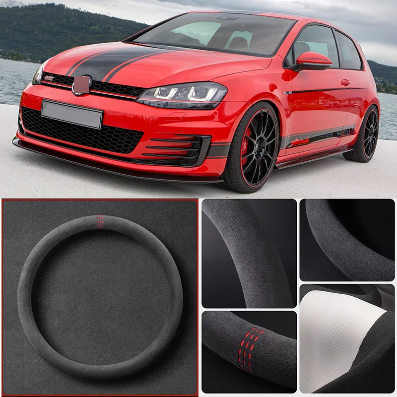 

Alcantara Anti-Slip Black Suede Leather Car Universal Steering Wheel Cover For Volkswagen Golf Car Accessories