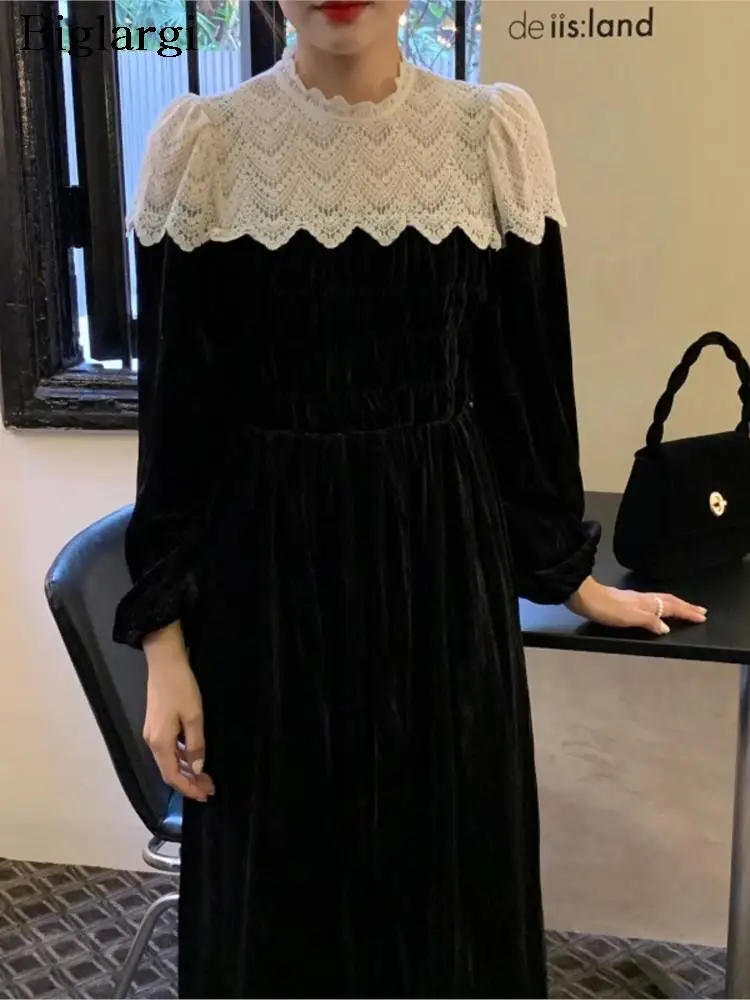 

Осеннее платье-миди, женские кружевные бархатные модные элегантные плиссированные женские платья в стиле пэчворк, женское платье в Корейском стиле с длинным рукавом, 2023