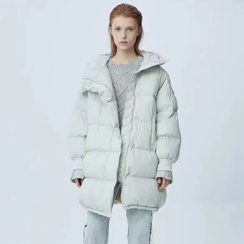 Autumn and Winter Down Jacket White Duck Down Loose Women's Long Knee-length Hooded Thickening Warm Hundred Take Cotton Jacket