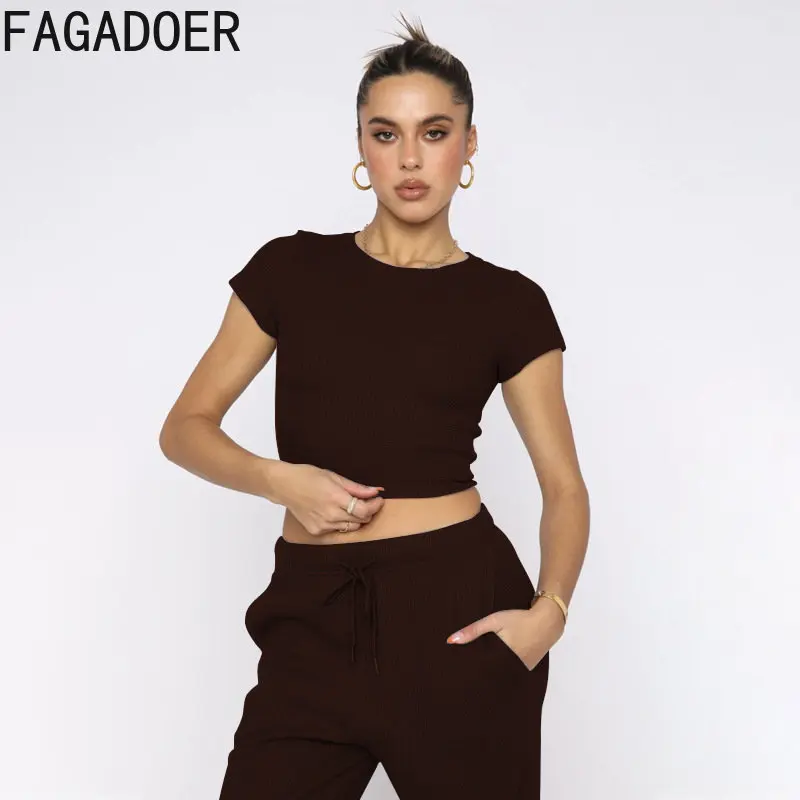 

FAGADOER Casual Ribber Sporty Two Piece Sets Women O Neck Short Sleeve Crop Top And Jogger Pants Tracksuits Female Solid Outfits