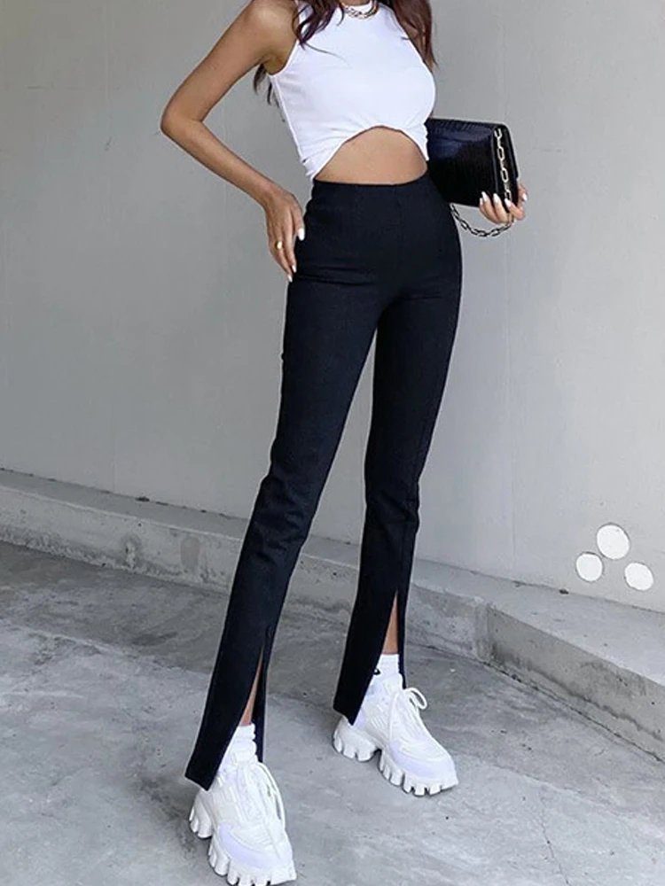 

Black Elastic Slim Pants Women Fashion Zip Split Autumn Trousers High Waist Ladies Pencil Slim Long Pant Khaki