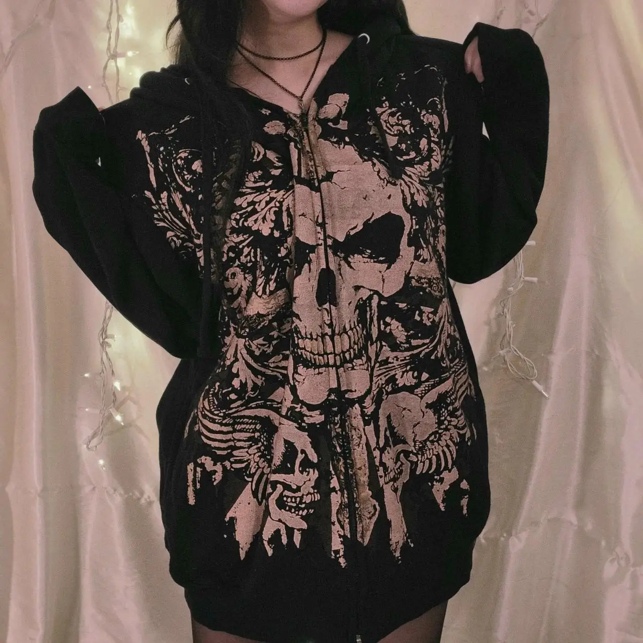 

y2k Women Full Zip Up Skull Print Hoodies Goth Grunge Clothes Vintage Teen Girls Aesthetic Top Harajuku Oversized Sweatshirts