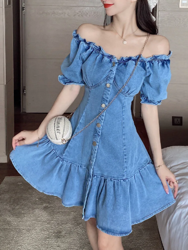 

FTLZZ New Summer Sexy Women Slash Neck Off Shoulder Mini Dress Casual Lady Puff Sleeve Single Breasted Denim Dress