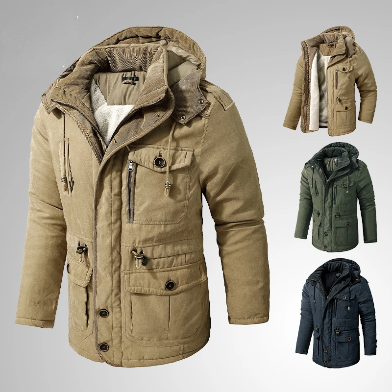 

Men Hooded Jacket Mid-length Fleece Thick Cotton-padded Jackets Men Multi-pocket Casual Overcoat Fur Linner Coats