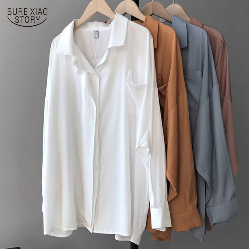 

Белая блузка с защитой от солнца, женские топы, Офисная однотонная одежда с отложным воротником, Повседневная Свободная шифоновая тонкая ру...