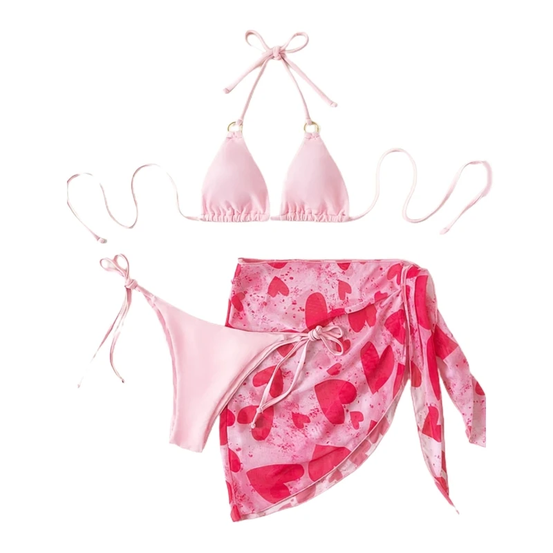 

Women Mid-waist Pink Swimsuit Ladies Sexy Thong Lace-up 3 Piece