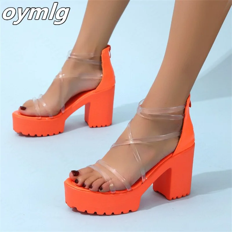 

Large size sandals for women 2022summer sexy model catwalk shoes fashion transparent thick heel super high heel sandals for hair