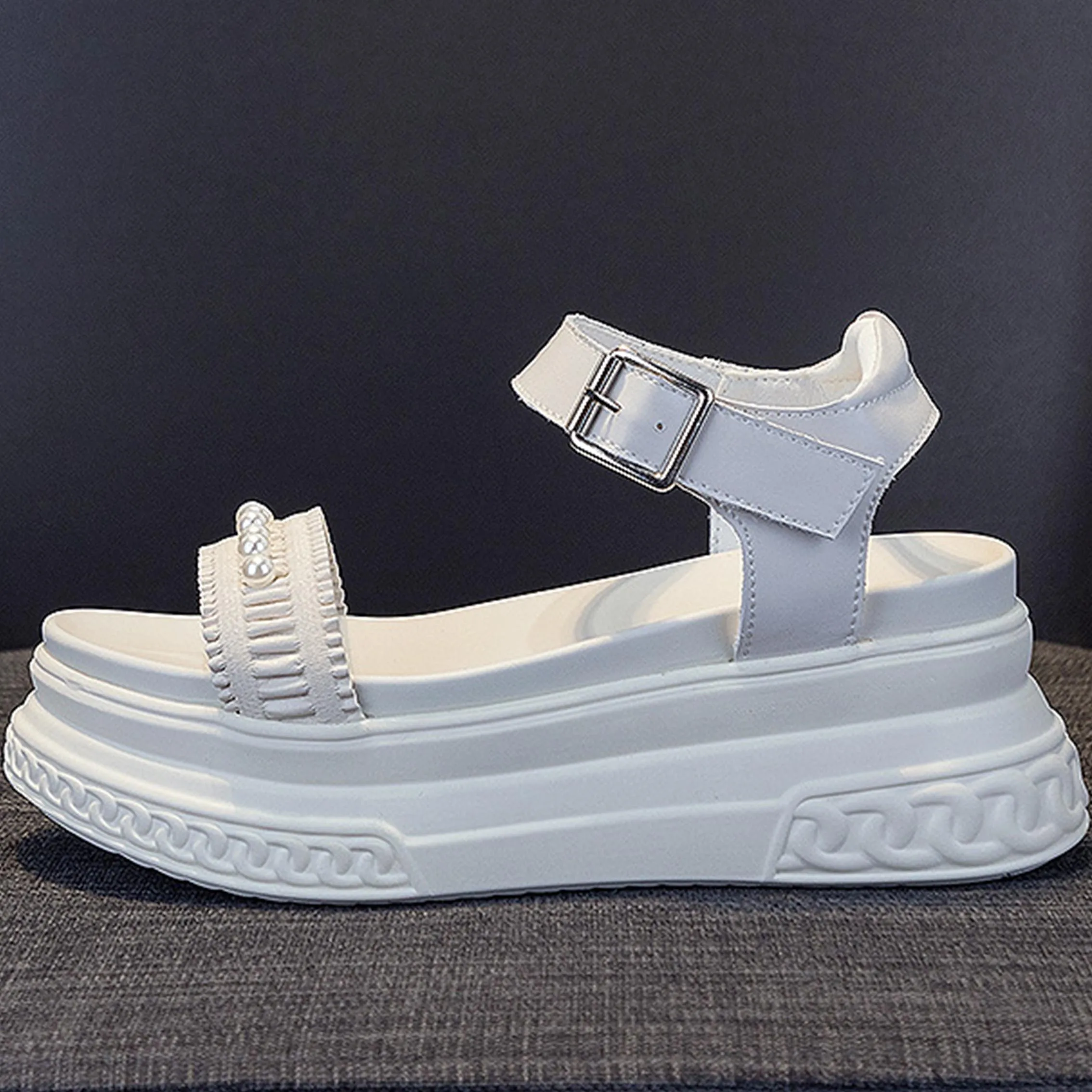 Pearls Deco 7cm Platform Design  Women Wedge Sandals Genuine Leather Buckle Women Breathable Slippers Summer Ladies Chunky Shoes