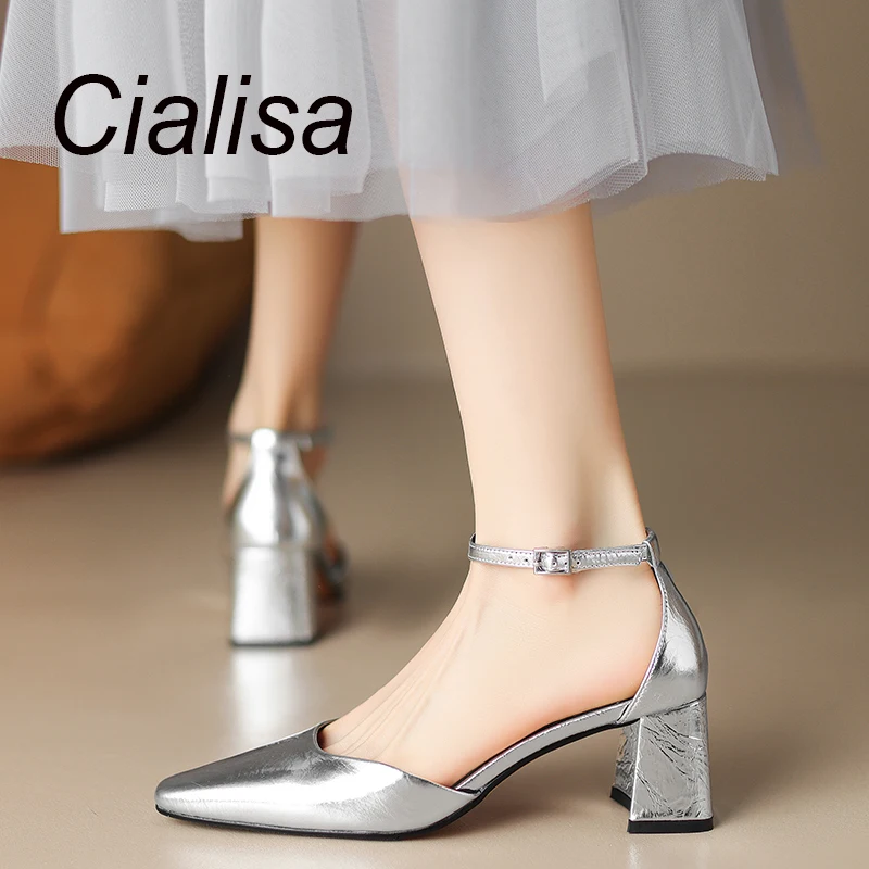 

Женские босоножки Cialisa, коллекция 2023 года, летняя обувь из натуральной кожи, женские Серебристые босоножки ручной работы с ремешком на щиколотке, размер 42