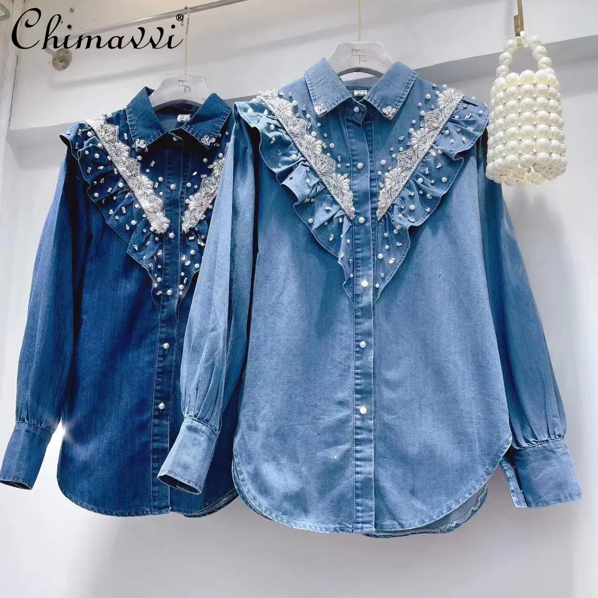 

2022 Spring New Heavy Beads Rhinestone Ruffled Stringy Selvedge Shirt Single-Breasted Lapel Elegant Denim Shirt for Women