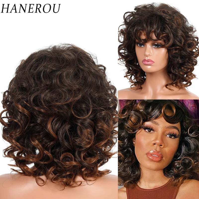 

HANEROU Short Curly Wigs Afro Synthetic Women's Natural Wig with Bangs Heat Resistant for Party Daily Cosplay