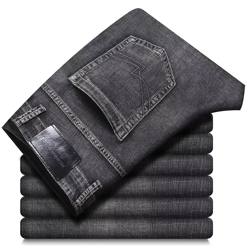 2022New Zipper Pocket Design Jeans Men Dark Grey Regular Fit Stretch Denim Pants Fashion Casual Slim Trousers Men Brand