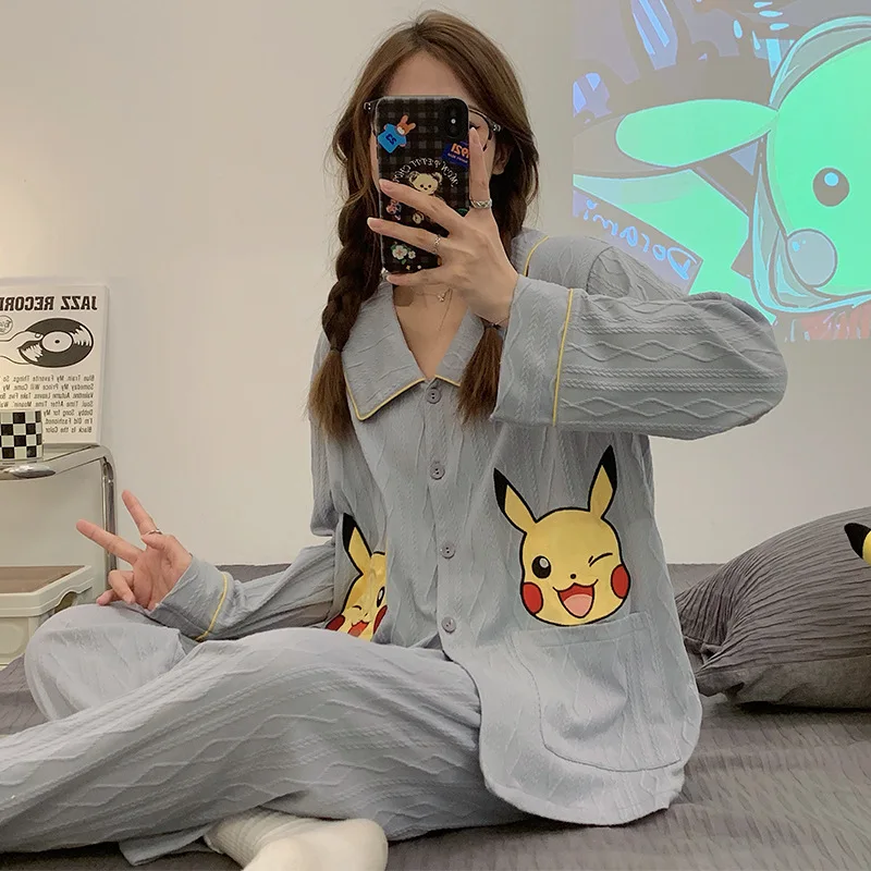 

Пижама Kawaii Pokemon Pickachu из мультфильма, новинка 2022, женская модная повседневная верхняя одежда с длинным рукавом, милая хлопковая Домашняя одеж...