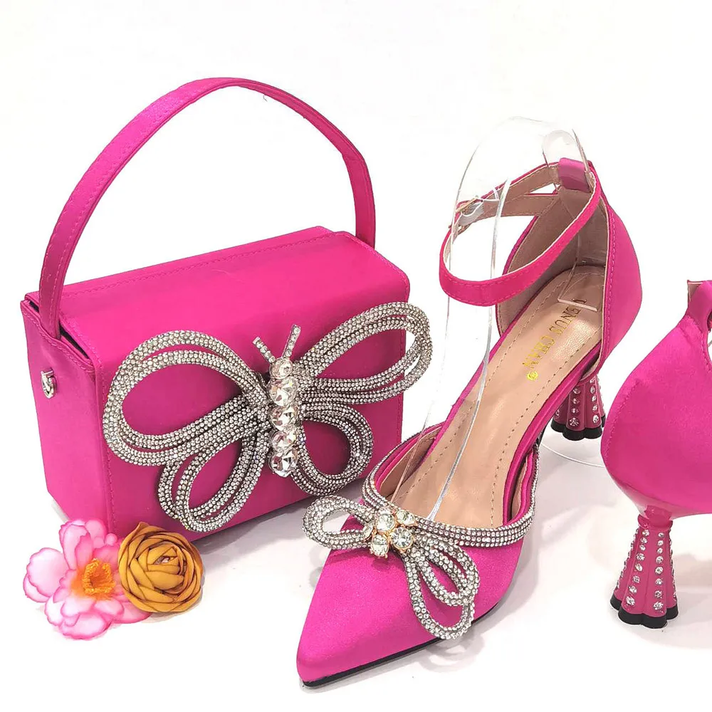 

2023 Simplicity Style Super High Heels Italian Shoes with Matching Bag for Woman Nigerian Shoes and Bag Set in Fuchsia Color