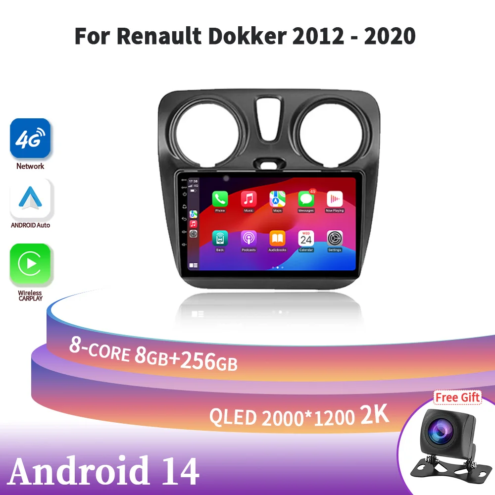 Для Renault Dokker 2012-2020 Android 14 Беспроводная Автомагнитола Carplay мультимедийный