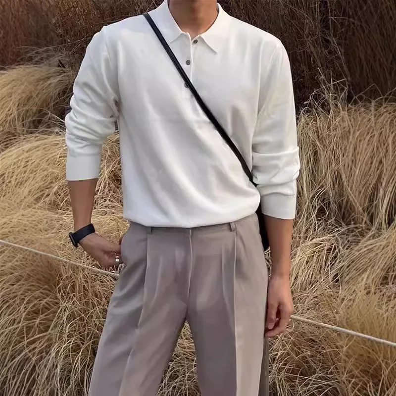 Винтажная однотонная рубашка-поло с длинным рукавом свитер для мужчин осенний