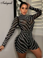 neeleywall glitter sheer mesh crystal romper womens glam zipper back diamonds jumpsuits sexy playsuits nightclub outfits
