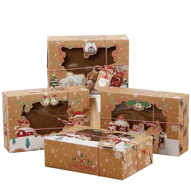 

4pcs Christmas Kraft Cookie Boxes with Window and DIY Gift Tags Christmas Bakery Treat Boxes for Gift Giving Pastry Party Favors