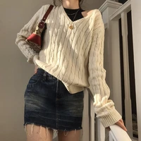 2022 fallwinter knitted pullover solid color y2k college style v neck lantern sleeve sweater womens fashion casual pullover