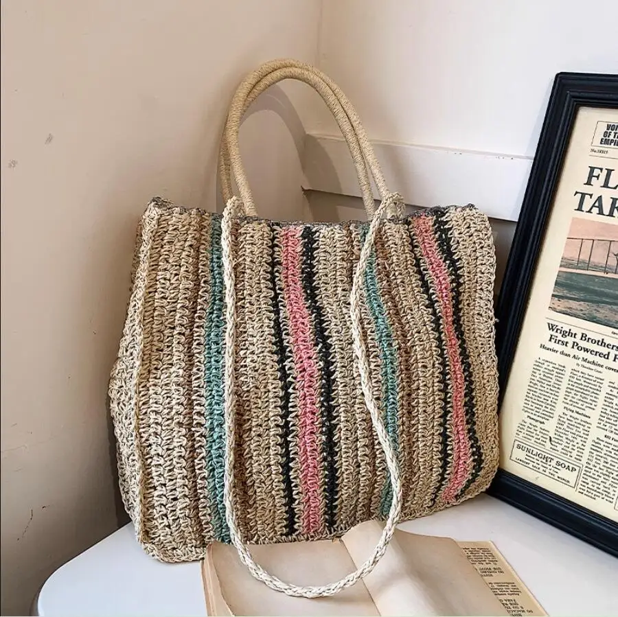 

Bohemia Straw Weave Bag for Women Summer Female Handbag Shoulder Bag Contrast Color Shopping Totes Casual Vacation Beach Bag
