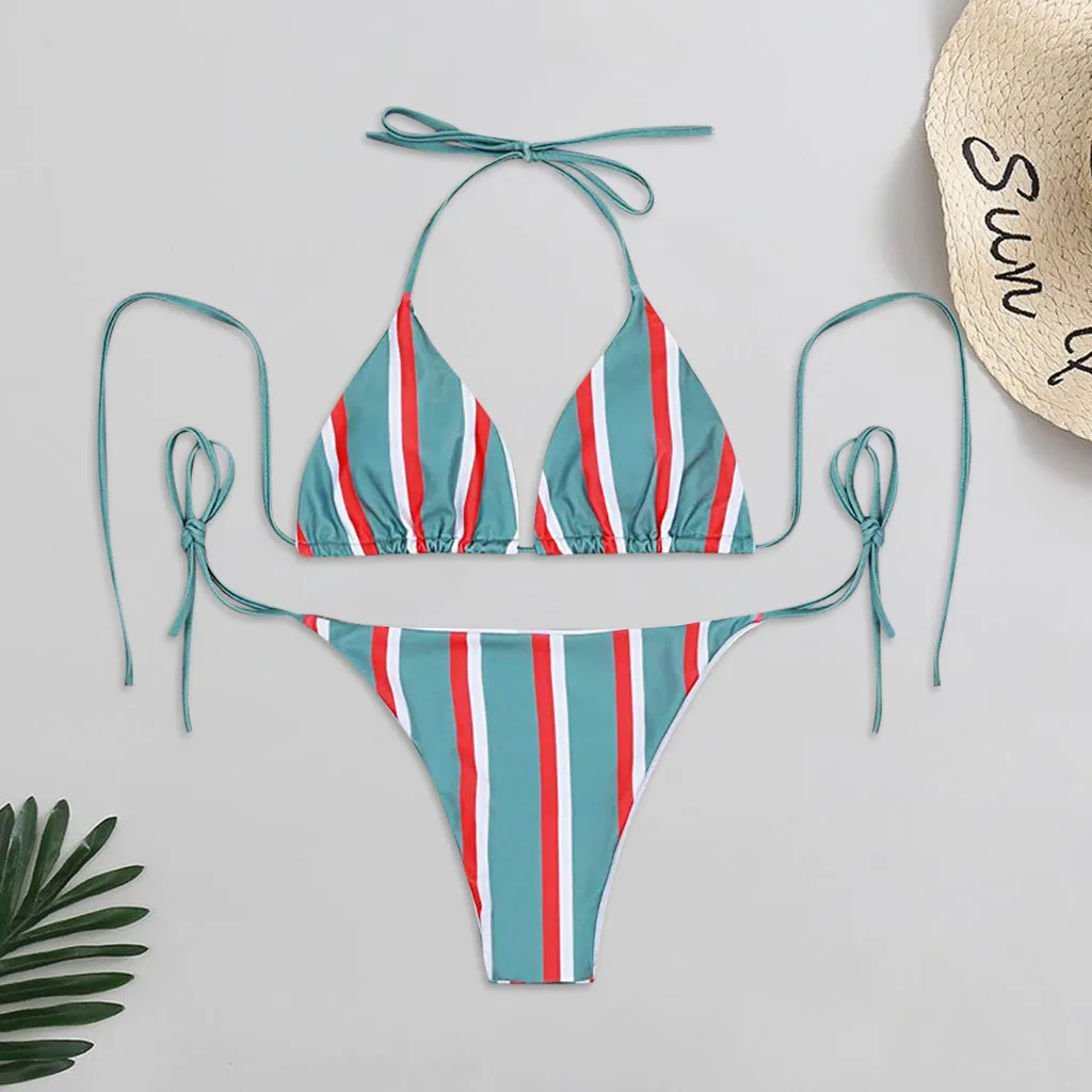 Женский купальник-бикини в полоску новинка 2022 винтажный с низкой талией и лямкой