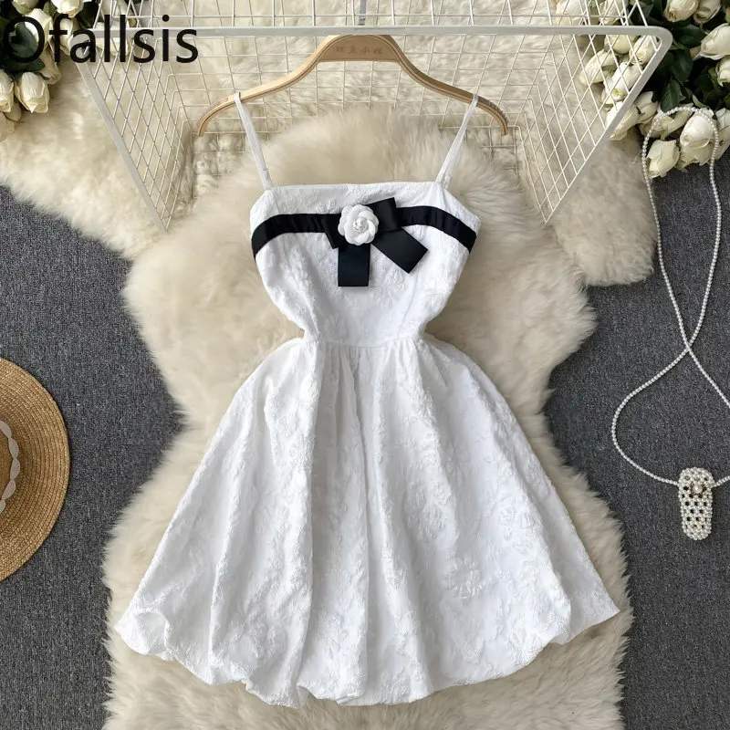 

Ofallsis Bow Tie Girl Strap Party Dress 2023 Summer New Women's French Gentle Sweet Flower Dew Back Sexy Puffy Short Dresses