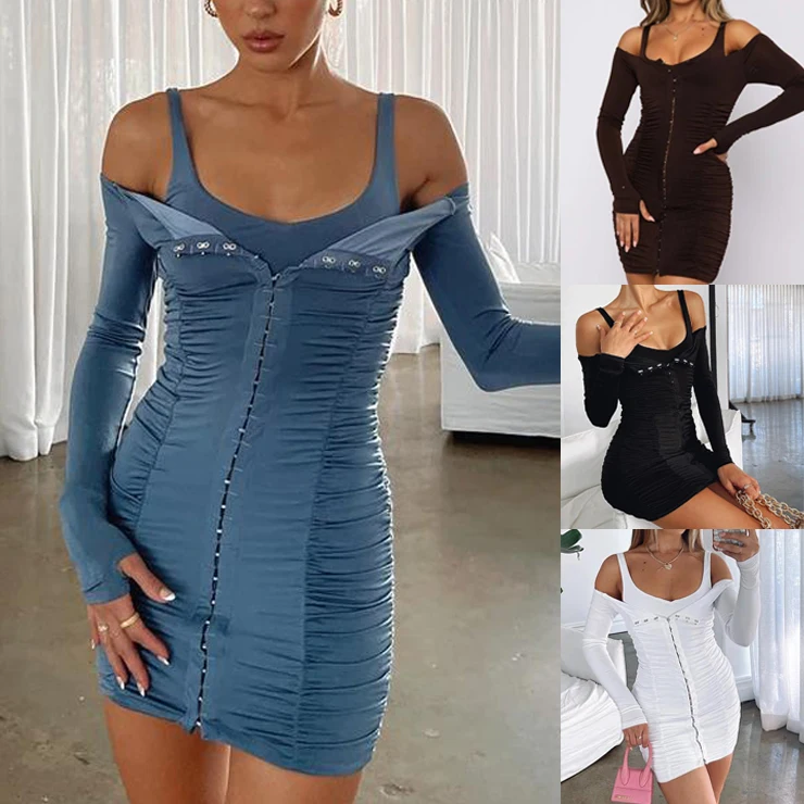 

Off-Shoulder Suspender Bodycon Dress Party Club Evening Dress Women Long Sleeve Ruched Pleated Mini Sheath Dress Solid