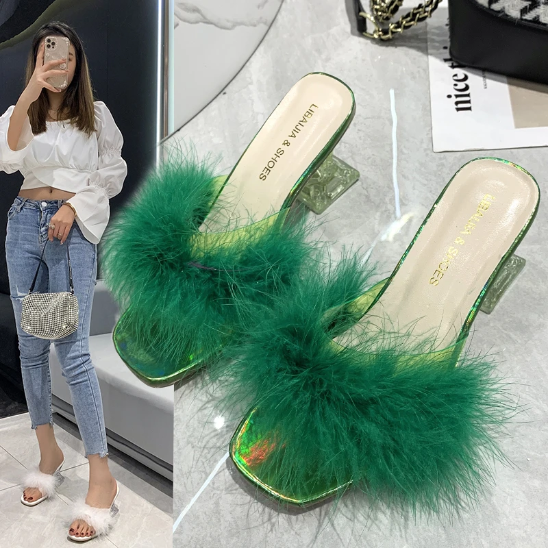 

Shoes Woman Slipper 2022 Transparent Crystal Heels Wedding Shoe Sandals Sexy Big Yards Interest Female Slipper