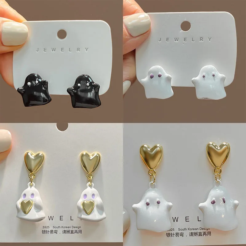 Винтажные милые белые и черные серьги-подвески в виде призрака, высококачественные эмалированные серьги-гвоздики, ювелирные изделия для ушей, подарки на день рождения для женщин и девочек