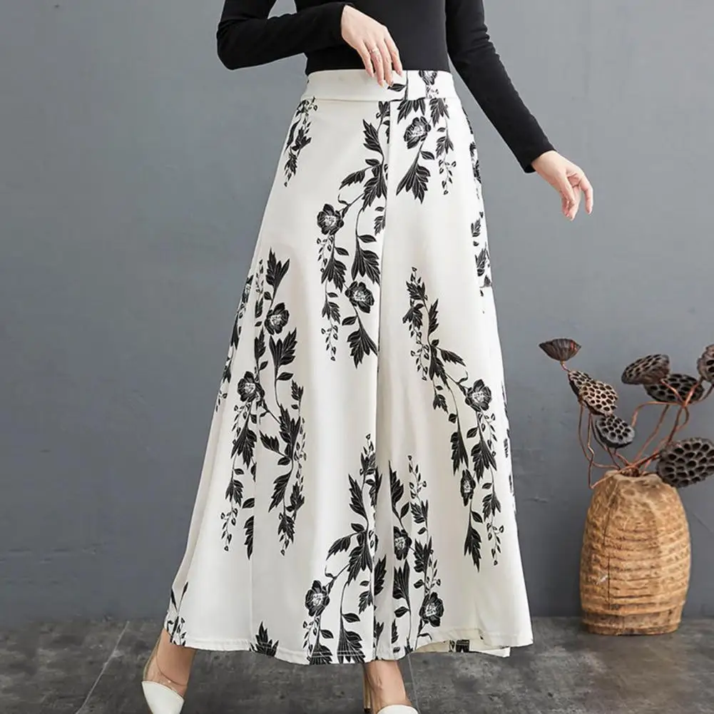 Women Pants Culottes Floral Print Wide Leg Pantalones Contrast Color Ankle Length Loose High Waist Elegant Thin Female Trousers