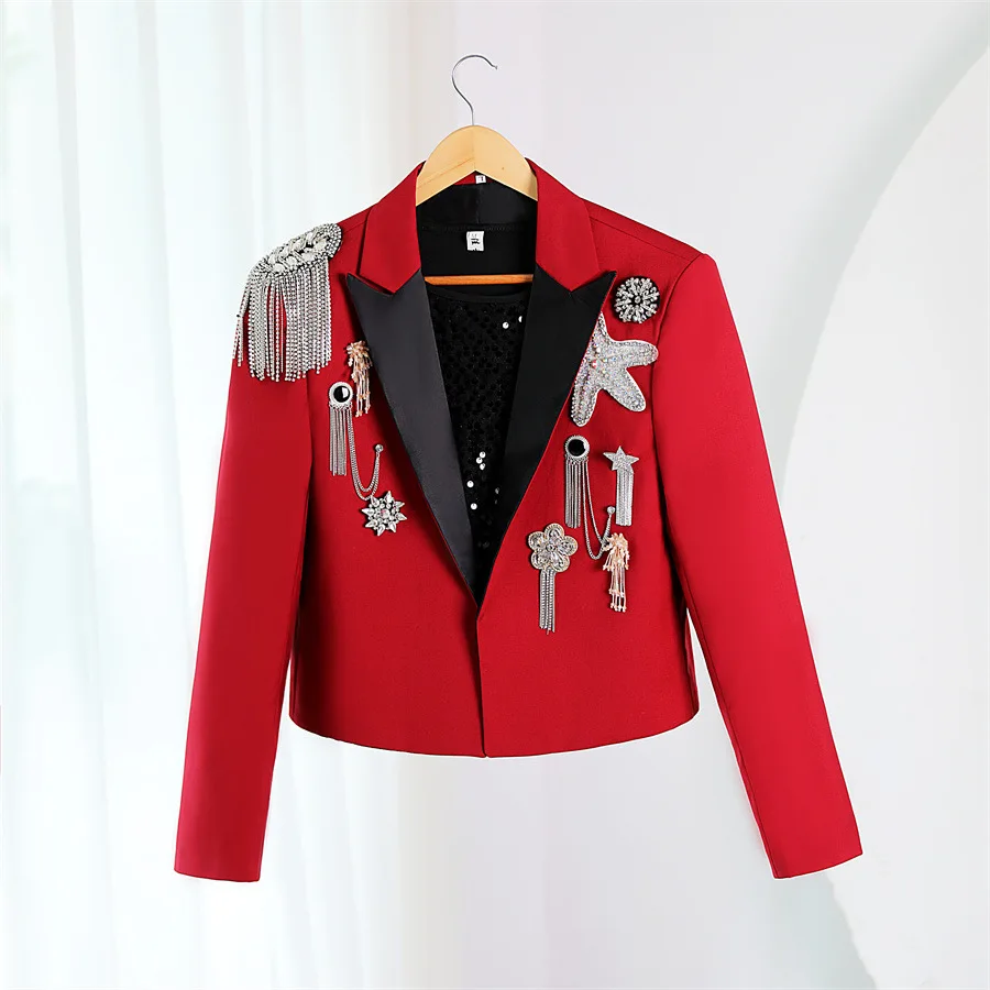 

Red Steampunk Military Drummer Punk Jacket Men Slim Fit Peak Collar Blazers Mens Party Prom Stage Rock and Roll Costume Homme