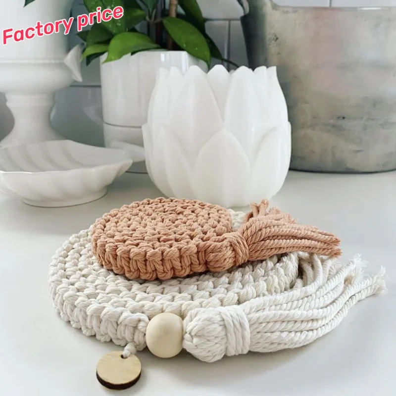 

2023 Newest bohemian Cotton colored woven tassel coaster hand made macrame coaster
