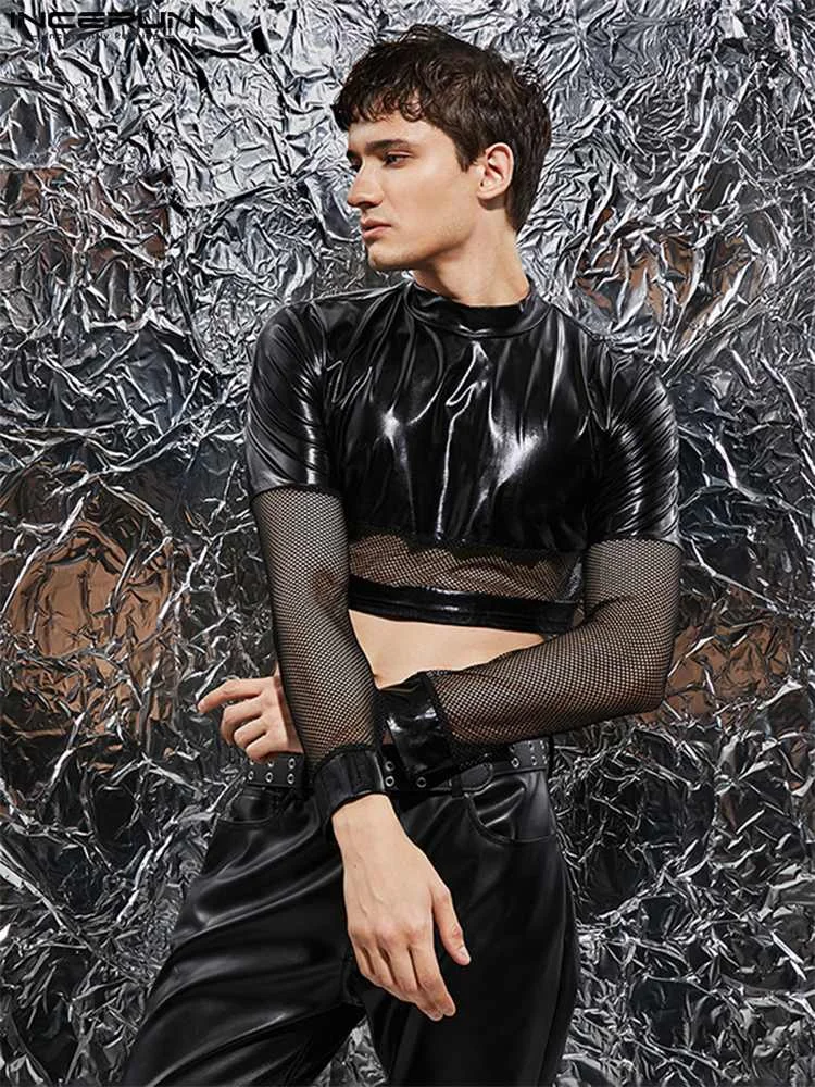 

American Style Men's Fashion Faux Leather Stitching Mesh Camiseta Truncated O-neck Long-sleeved T-shirts S-5XL INCERUN Tops 2022