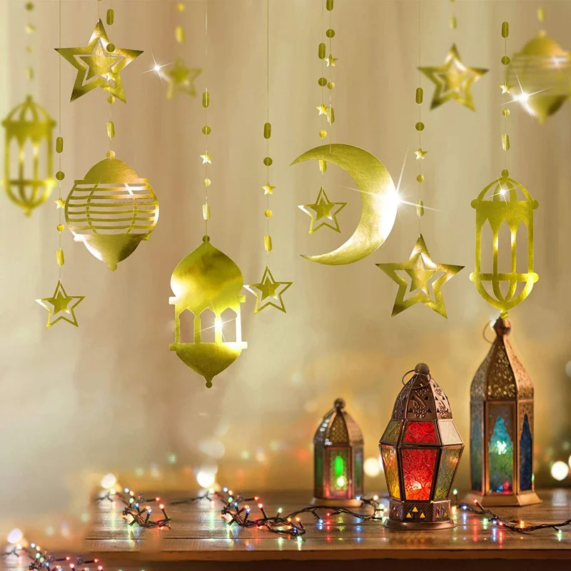 

1pcs Eid Mubarak Gold Banner Decoration Hanging Star Moon Light Garland Ramadan Kareem for Home Decor Muslim Party Supplies 2023
