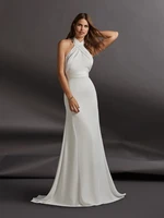 free shipping halter sexy custom made new white ivory crepe draped satin statement bow on back a line sheath wedding dresses