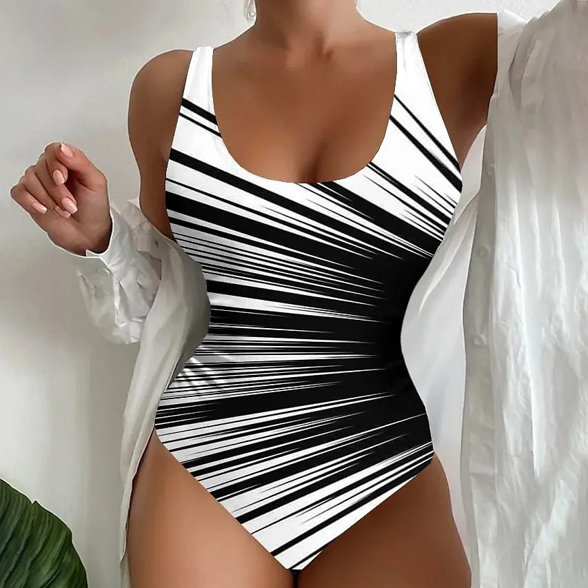 

Fashion Monokini Female New Beachwear Bathsuit Printing Striped Swimwear Summer Vacation Swimsuit Women One Piece Bikini Set